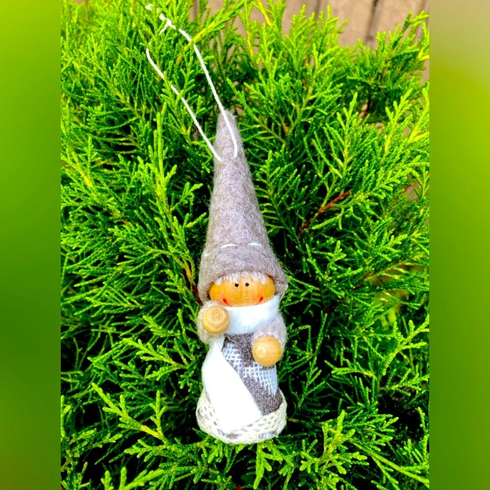 HANDMADE Ornament Christmas Santa Elf Germany Gray Red White Wood